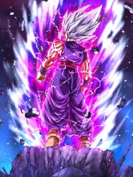 Rule 34 | 1boy, aura, clenched hands, dougi, dragon ball, dragon ball super, dragon ball super super hero, electricity, from behind, from below, full body, gohan beast, grey hair, highres, male focus, muscular, muscular male, rock, solo, son gohan, wai (y48754085), wristband