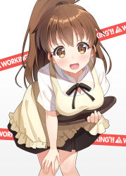 Rule 34 | 1girl, apron, bent over, blush, breasts, brown eyes, brown hair, gradient background, hyuuga azuri, long hair, looking at viewer, open mouth, ponytail, skirt, smile, solo, striped, striped background, taneshima popura, tray, waitress, working!!