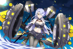 Rule 34 | 1girl, absurdres, alternate costume, alternate eye color, alternate hair color, azur lane, black gloves, black pantyhose, black skirt, blue fire, blue hair, breasts, bustier, cape, cleavage, collar, crop top, dark persona, duke of york (azur lane), dutch angle, earrings, elbow gloves, fengyue jiang, fire, full moon, gloves, glowing, glowing eye, halterneck, highres, holding, holding sword, holding weapon, jewelry, large breasts, light blue hair, long hair, looking at viewer, machinery, midriff, miniskirt, moon, navel, night, night sky, pale skin, pantyhose, parted bangs, partially submerged, pleated skirt, pointy ears, skirt, sky, smile, solo, spiked collar, spikes, sword, thighband pantyhose, underwear, wading, water, weapon, yellow eyes
