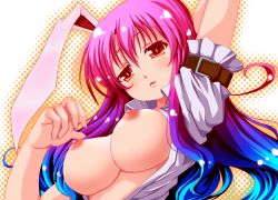 Rule 34 | 1girl, animal ears, blouse, blue hair, blush, breasts, rabbit ears, byoubyou, large breasts, light purple hair, long hair, looking at viewer, multicolored hair, nipples, open clothes, open shirt, red eyes, reisen udongein inaba, shirt, solo, touhou, very long hair