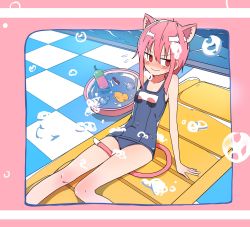 Rule 34 | 1girl, animal ears, arm support, between legs, blush, bural chingu, cat ears, cat tail, highres, inflatable raft, inset, lee ji-eun (bural chingu), looking to the side, luke (dydansgur), nose blush, one-piece swimsuit, out of frame, outside border, pink background, pink hair, red eyes, rubber duck, school swimsuit, shampoo, short hair, short hair with long locks, sidelocks, sitting, soap bubbles, solo, swimsuit, tail, tail between legs, washtub, wavy mouth