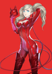 Rule 34 | 1girl, arm up, bad id, bad pixiv id, blue eyes, bodysuit, boots, breasts, cleavage cutout, closed eyes, clothing cutout, elbow gloves, full-length zipper, gloves, gluteal fold, grey hair, hair ornament, hairclip, hand in own hair, holding, holding mask, legs apart, long hair, looking at viewer, maekawa yuichi, mask, unworn mask, medium breasts, parted lips, persona, persona 5, pink gloves, red background, red bodysuit, red footwear, simple background, skin tight, smile, solo, standing, swept bangs, takamaki anne, thigh boots, thighhighs, twintails, zipper