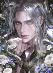Rule 34 | 1boy, absurdres, begoffda, black coat, blue eyes, blue flower, bouquet, branch, chest strap, coat, commentary, english commentary, final fantasy, final fantasy vii, flower, grey hair, hand on own chin, hand up, high collar, highres, leaf, light smile, long bangs, long hair, looking at viewer, male focus, parted bangs, parted lips, sephiroth, snake, solo, upper body, white flower