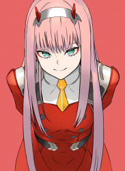 Rule 34 | 1girl, arms behind back, bad id, bad pixiv id, belt, black belt, blue eyes, breasts, closed mouth, darling in the franxx, dress, grey hairband, hairband, horns, kanata (chack fastener), leaning forward, long hair, looking at viewer, medium breasts, military, military uniform, necktie, pink hair, red background, red dress, short necktie, simple background, smile, solo, uniform, very long hair, yellow necktie, zero two (darling in the franxx)