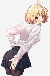 Rule 34 | 1girl, antenna hair, arcueid brunestud, arm behind back, benbe, black pantyhose, black skirt, blonde hair, blush, breasts, closed mouth, cowboy shot, cropped legs, from behind, grey background, hand on own hip, highres, leaning forward, long sleeves, looking at viewer, looking back, medium breasts, miniskirt, pantyhose, pleated skirt, red eyes, short hair, simple background, skirt, skirt tug, smile, solo, standing, sweater, tsukihime, tsukihime (remake), white sweater