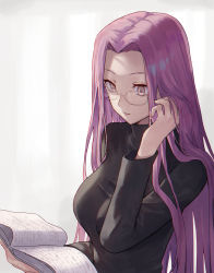 Rule 34 | 1girl, adjusting hair, black sweater, book, breasts, brown-framed eyewear, brown eyes, closed mouth, fate/stay night, fate (series), forehead, glasses, hand up, highres, holding, holding book, long hair, long sleeves, medium breasts, medusa (fate), medusa (rider) (fate), open book, purple hair, reading, simple background, solo, square pupils, straight hair, sweater, tesin (7aehyun), very long hair, white background