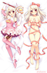 Rule 34 | 1girl, :d, barefoot, blush, boots, bow, breasts, cleft of venus, cross, dakemakura-koubou, dakimakura (medium), detached sleeves, dodojune, dress, earrings, elbow gloves, fate/kaleid liner prisma illya, fate (series), feather hair ornament, feathers, frilled dress, frills, gloves, hair bow, hair ornament, illyasviel von einzbern, jewelry, kaleidostick, large breasts, long hair, lying, magical girl, magical ruby, multiple views, naked ribbon, nipples, nude, on back, open mouth, pink footwear, prisma illya, pussy, red eyes, ribbon, short dress, silver hair, smile, thigh boots, thigh gap, thigh strap, thighhighs, uncensored, wand
