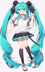 Rule 34 | 1girl, absurdly long hair, aqua eyes, aqua hair, aqua nails, black socks, commentary request, dated, full body, grey background, gunjou row, hair ribbon, hatsune miku, highres, kneehighs, long hair, looking at viewer, nail polish, ribbon, signature, simple background, socks, solo, standing, symbol-shaped pupils, twintails, very long hair, vocaloid, white footwear