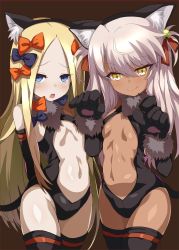 Rule 34 | 2girls, :q, abigail williams (fate), animal ears, animal hands, bad id, bad twitter id, bell, black gloves, black legwear, blonde hair, blue eyes, bow, cat ears, cat tail, center opening, chloe von einzbern, cosplay, cowboy shot, dangeroes beast (illya), dark-skinned female, dark skin, elbow gloves, fate/grand order, fate/kaleid liner prisma illya, fate (series), flat chest, gloves, hair bell, hair bow, hair ornament, hair ribbon, hairband, highres, illyasviel von einzbern, illyasviel von einzbern (cosplay), jingle bell, leotard, long hair, looking at viewer, multiple girls, navel, official alternate costume, parted bangs, paw gloves, revealing clothes, ribbon, shimejinameko, sidelocks, simple background, tail, thighhighs, tongue, tongue out, two side up, very long hair, yellow eyes