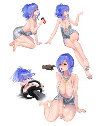 Rule 34 | 1boy, 1girl, absurdres, areola slip, arm support, azur lane, backless dress, backless outfit, bare shoulders, barefoot, beckoning, blue hair, blue nails, blush, breasts, can, cleavage, cola, collarbone, dark-skinned male, dark skin, disembodied hand, dress, drink can, driving, feet, highres, holding, holding can, kawery, kneeling, large breasts, multiple views, nail polish, red eyes, saliva, simple background, sitting, soda can, soles, st. louis (azur lane), st. louis (luxurious wheels) (azur lane), steering wheel, toenail polish, toenails, white background