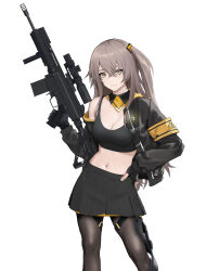 Rule 34 | 1girl, 404 (girls&#039; frontline), absurdres, armband, black crop top, black gloves, black jacket, black pantyhose, black skirt, breasts, brown hair, cleavage, cowboy shot, crop top, girls&#039; frontline, gloves, gun, hair between eyes, hand on own hip, hand up, highres, holding, holding gun, holding weapon, jacket, long hair, looking at viewer, medium breasts, navel, one side up, open clothes, open jacket, pantyhose, partially fingerless gloves, pleated skirt, rifle, scar, scar across eye, scope, second-party source, shuten (project sky), simple background, skirt, trigger discipline, ump45 (girls&#039; frontline), weapon, weapon name, white background, yellow armband, yellow eyes