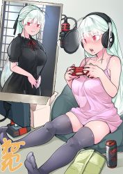 Rule 34 | 1girl, bare shoulders, bean bag chair, before and after, black thighhighs, blue hair, blush, breasts, can, colored eyelashes, controller, dress, fangs, game controller, headphones, long hair, looking at viewer, microphone, neone, original, red eyes, see-through, see-through silhouette, sitting, smile, sweatdrop, teeth, thighhighs, vampire