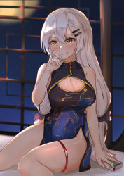 Rule 34 | 1girl, absurdres, blush, breasts, china dress, chinese clothes, cleavage, closed mouth, dress, fingernails, girls&#039; frontline, hair ornament, hairclip, highres, jewelry, licking lips, long hair, looking at viewer, medium breasts, muteppona hito, nail polish, on bed, orange eyes, ring, silver hair, sitting, solo, svd (camellia&#039;s vigil) (girls&#039; frontline), svd (girls&#039; frontline), thighs, tongue, tongue out, very long hair, white nails, window