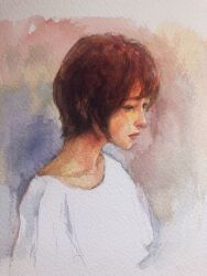 Rule 34 | 1girl, brown hair, highres, looking to the side, medium hair, original, painting (medium), realistic, shirt, solo, still life, tlctm7h8wdwnthx, traditional media, watercolor (medium), white shirt