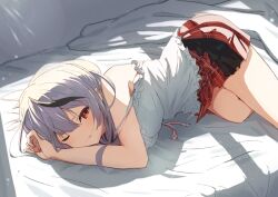 Rule 34 | 1girl, absurdres, black hair, camisole, earrings, frilled skirt, frills, grey hair, hair between eyes, hair ornament, highres, hololive, jewelry, looking at viewer, lying, multicolored hair, oki no fuji, on bed, on side, one eye closed, plaid, plaid skirt, red eyes, red skirt, sakamata chloe, sakamata chloe (1st costume), shadow, skirt, solo, strap slip, streaked hair, virtual youtuber, white camisole, x hair ornament