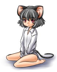 Rule 34 | 1girl, :&lt;, animal ears, barefoot, bottomless, eyebrows, female focus, five-seven (0verlimits), grey hair, mouse ears, mouse tail, naked shirt, nazrin, red eyes, shirt, short hair, solo, tail, thick eyebrows, touhou