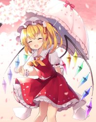 Rule 34 | 1girl, :d, ^ ^, absurdres, ascot, blonde hair, blush, closed eyes, commentary request, crystal, fang, feet out of frame, flandre scarlet, flower, frilled shirt collar, frilled umbrella, frills, hair flower, hair ornament, hat, highres, holding, holding umbrella, medium hair, mob cap, one side up, open mouth, petals, puffy short sleeves, puffy sleeves, red ribbon, red skirt, red vest, ribbon, ruhika, shirt, short sleeves, skirt, skirt set, smile, solo, standing, touhou, umbrella, vest, white hat, white shirt, wings, wrist cuffs, yellow ascot