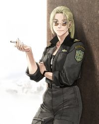 Rule 34 | 1girl, blonde hair, blue eyes, breasts, character request, cigarette, closed mouth, dog tags, jewelry, long hair, looking at viewer, mikisato, military, military uniform, necklace, ponytail, smile, solo, sunglasses, uniform