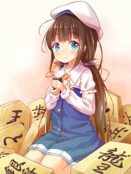 Rule 34 | 10s, 1girl, beret, blue dress, blue eyes, blush, board game, brown hair, closed mouth, collarbone, commentary request, cup, dress, hair ribbon, hat, highres, hinatsuru ai, holding, holding cup, layered sleeves, long hair, long sleeves, looking at viewer, low twintails, minazuki mizu, puffy short sleeves, puffy sleeves, ribbon, ryuuou no oshigoto!, school uniform, shogi, short over long sleeves, short sleeves, sitting, smile, solo, steam, twintails, two-handed, very long hair, white hat, yellow ribbon, yunomi