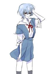 1girl ayanami_rei blue_hair blue_skirt closed_mouth eyelashes grey_socks hand_on_own_head looking_at_viewer neon_genesis_evangelion red_eyes red_ribbon ribbon school_uniform shirt short_hair simple_background skirt socks solo tamtamdi tokyo-3_middle_school_uniform white_background white_shirt