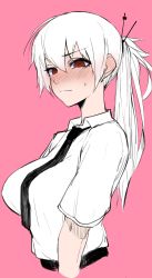 Rule 34 | 1girl, bad id, bad twitter id, black necktie, blush, breasts, closed mouth, collared shirt, cropped arms, cropped torso, embarrassed, from side, full-face blush, hair between eyes, hair ornament, hairpin, highres, j.k., large breasts, long hair, looking at viewer, necktie, pink background, ponytail, red eyes, shirt, short sleeves, simple background, solo, sweatdrop, upper body, white hair, white shirt, wing collar