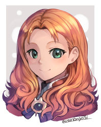 Rule 34 | 1girl, annette fantine dominic, closed mouth, fire emblem, fire emblem: three houses, green eyes, highres, long hair, nakabayashi zun, nintendo, orange hair, simple background, smile, solo, twitter username, upper body