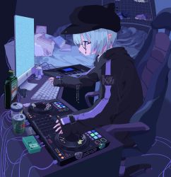 Rule 34 | 1girl, alcohol, apple inc., aqua hair, bed, bed sheet, black hat, blue eyes, bottle, can, chair, computer, cup, dark, dj, drinking glass, gaming chair, glasses, hat, highres, instrument, keyboard (computer), keyboard (instrument), macintosh, original, outo eguchi, pillow, pointy ears, profile, safety pin, shoes, short hair, shot glass, sitting, sleeves past wrists, solo, static, sticky note, swivel chair, translation request, wire