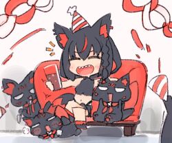 Rule 34 | 1girl, animal ear fluff, animal ears, black shirt, blush, braid, closed eyes, commentary request, couch, crop top, crossed legs, cup, earrings, fox ears, fox girl, fox tail, hair between eyes, hat, holding, holding cup, holding party popper, hololive, jewelry, kurokami fubuki, long hair, misono denpachi, notice lines, open mouth, party hat, party popper, sharp teeth, shirt, sidelocks, single braid, sitting, sukonbu (shirakami fubuki), tail, teeth, virtual youtuber
