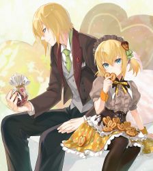 Rule 34 | 1boy, 1girl, alternate costume, apron, argyle, argyle clothes, argyle skirt, black pants, black pantyhose, blonde hair, blouse, blue eyes, brother and sister, candy, chocolate, chocolate heart, cookie, corset, cropped legs, edna (tales), eizen (tales), food, food-themed hair ornament, formal, frilled apron, frills, gift bag, green neckwear, grey shirt, hair ornament, hairband, heart, height difference, holding, holding food, isa (peien516), looking at viewer, necktie, pants, pantyhose, profile, puffy sleeves, shirt, short hair, siblings, sitting, skirt, smile, suit, tales of (series), tales of berseria, tales of zestiria, valentine, yellow skirt