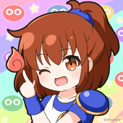 Rule 34 | 1girl, ;d, arle nadja, blue shirt, brown eyes, brown hair, collarbone, commentary request, fire, hand up, index finger raised, looking at viewer, madou monogatari, mitya, one eye closed, open mouth, ponytail, puyopuyo, shirt, smile, solo, twitter username