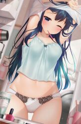 Rule 34 | 1girl, armpits, arms up, bathroom, black eyes, black hair, blue camisole, blush, breasts, camisole, clothes lift, collarbone, commentary request, gluteal fold, highres, indoors, lifted by self, long hair, midriff, minato ojitan, mirror, mouth hold, navel, original, panties, reflection, shirt, shirt lift, short shorts, shorts, sleepy, small breasts, solo, standing, toothbrush, underwear, undressing, white panties, white shirt
