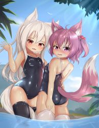 Rule 34 | 2girls, absurdres, animal ears, ass, black legwear, breasts, competition school swimsuit, cowboy shot, day, fox ears, fox tail, hair bobbles, hair ornament, highres, hotel01, long hair, looking at viewer, multiple girls, one-piece swimsuit, one side up, open mouth, original, outdoors, partially submerged, pink eyes, pink hair, plant, ponytail, red eyes, school swimsuit, short hair, small breasts, swimsuit, tail, thighhighs, wading, water, waving, wet, white hair, white legwear
