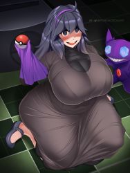 Rule 34 | 1girl, @ @, ahoge, alternate breast size, bad id, bad pixiv id, blush, breasts, creatures (company), dress, fat, flats, game freak, gen 3 pokemon, hair between eyes, hairband, hex maniac (pokemon), highres, huge breasts, jem, long hair, looking at viewer, messy hair, nintendo, open mouth, plump, poke ball, pokemon, pokemon (creature), pokemon xy, purple dress, purple eyes, purple hair, purple hairband, sableye, smile, solo, thick thighs, thighs, toroboro, very long hair, wide hips