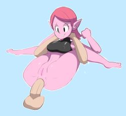 Rule 34 | 1girl, anal, arm grab, barefoot, bigdead, blue background, bottomless, breasts, chronoa, cleft of venus, colored skin, dragon ball, dragon ball xenoverse, dragonball z, earrings, holding legs, jewelry, leg grab, medium breasts, nipples, orange hair, outline, penis, pink hair, pink skin, pointy ears, pussy, restrained, sex, simple background, spread legs, supreme kai of time, uncensored