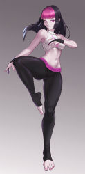 Rule 34 | 1girl, absurdres, bare arms, bare shoulders, barefoot, black gloves, black hair, black leggings, breasts, capcom, cheshirrr, commentary request, full body, gloves, grin, han juri, highres, knee up, leggings, long hair, looking at viewer, midriff, multicolored hair, nail polish, navel, pale skin, pink eyes, pink hair, smile, solo, sports bra, sportswear, standing, standing on one leg, street fighter, toenail polish, toenails, two-tone hair