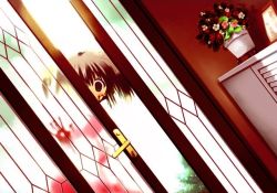 Rule 34 | 1girl, blood, blood on face, brown eyes, creepy, door, empty eyes, flower pot, game cg, mitsumi misato, parody, peeking out, picture frame, short twintails, solo, third-party edit, to heart (series), to heart 2, twintails, yandere, yuzuhara konomi