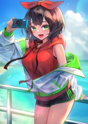 Rule 34 | 1girl, absurdres, aiming, brown hair, camera, commission, green eyes, hakusyokuto, highres, holding, holding camera, hood, hoodie, long sleeves, looking at viewer, medium hair, off shoulder, open mouth, original, outdoors, red hoodie, skeb commission, smile, solo, taking picture
