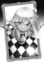 Rule 34 | 1girl, checkered floor, closed mouth, commentary, crystal, english commentary, flandre scarlet, foreshortening, full body, greyscale, highres, looking at viewer, monochrome, one side up, red eyes, short hair, smile, solo, touhou, twitter username, vrabius, w, wings