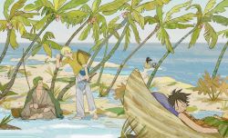 Rule 34 | 3boys, bag, banana boat, barefoot, black hair, blonde hair, boat, commentary request, day, facing viewer, feleven, fishing, fishing rod, green hair, highres, island, japanese clothes, looking at another, looking to the side, lying, monkey d. luffy, multiple boys, on back, one piece, outdoors, palm tree, rain, roronoa zoro, sanji (one piece), scar, sitting, sleeping, sleeveless, sleeves rolled up, standing, tony tony chopper, tree, water, watercraft, wind