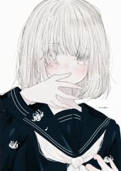 Rule 34 | 1girl, black sailor collar, black serafuku, blush, commentary request, covered mouth, driedflower, flower, hand up, highres, long bangs, long sleeves, looking at viewer, medium hair, neckerchief, original, sailor collar, school uniform, serafuku, signature, simple background, solo, spider lily, tears, upper body, white background, white eyes, white flower, white hair, white neckerchief, white spider lily