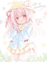 Rule 34 | 1girl, animal ear fluff, animal ears, anniversary, azur lane, blue shirt, cat ears, cat girl, cat tail, floral background, flower, hands on own chest, hat, highres, kindergarten uniform, kisaragi (azur lane), long hair, open mouth, pink eyes, pink hair, purinpurin, ribbon, school hat, shirt, side ponytail, sketch, skirt, smile, solo, tail, thighhighs, white thighhighs, yellow hat, yellow skirt