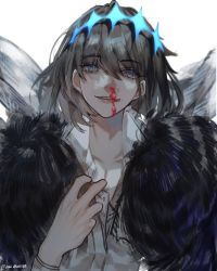Rule 34 | 1boy, absurdres, black hair, blood, blue hairband, collarbone, diamond hairband, fate/grand order, fate (series), hair between eyes, hairband, highres, insect wings, looking at viewer, maidhao, medium hair, nosebleed, oberon (fate), oberon (third ascension) (fate), official alternate costume, official alternate hairstyle, open mouth, shirt, simple background, smile, teeth, twitter username, white background, white shirt, wings