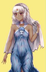 Rule 34 | 1girl, absurdres, altera (fate), bad id, bad pixiv id, bare arms, bare shoulders, blue dress, breasts, choker, closed mouth, collarbone, commentary request, covered erect nipples, cowboy shot, criss-cross halter, dark-skinned female, dark skin, dress, dress flower, facial mark, fate/grand order, fate (series), flower, forehead mark, grey hair, halterneck, highres, hua-j, jewelry, looking to the side, red eyes, short hair, small breasts, solo, tattoo, veil, white hair, yellow background