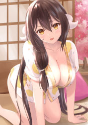 Rule 34 | 1girl, all fours, azur lane, breasts, brown hair, cleavage, collarbone, curled horns, hair between eyes, highres, horns, indoors, large breasts, long hair, looking at viewer, mikasa (azur lane), mikasa (reverence for rest and relaxation) (azur lane), official alternate costume, open mouth, sebu illust, shirt, short sleeves, side ponytail, sliding doors, smile, solo, very long hair, white horns, wooden floor, yellow eyes