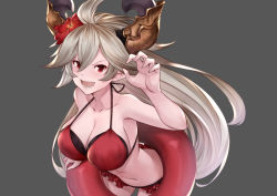 Rule 34 | &gt;:d, 1girl, :d, ahoge, bikini, breasts, claw pose, cleavage, collarbone, cowboy shot, draph, fang, flower, granblue fantasy, grey background, grey hair, hair between eyes, hair flower, hair ornament, halterneck, horns, innertube, large breasts, leaning forward, long hair, looking at viewer, navel, open mouth, pak ce, pointy ears, red bikini, red eyes, simple background, smile, solo, swim ring, swimsuit, threo (eternal&#039;s summer vacation) (granblue fantasy), threo (granblue fantasy), v-shaped eyebrows, very long hair
