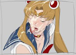Rule 34 | 1girl, bishoujo senshi sailor moon, blonde hair, breasts, choker, circlet, cleavage, commentary request, crescent, crescent earrings, cum, cum in mouth, cum on hair, cum on tongue, derivative work, diadem, double bun, earrings, closed eyes, facial, flat color, hair over shoulder, heart, heart choker, jewelry, kamishakujii (poppenheim), licking cum, long hair, meme, red choker, sailor collar, sailor moon, sailor moon redraw challenge (meme), sailor senshi uniform, screenshot redraw, solo, tongue, tongue out, tsukino usagi, twintails, upper body