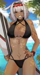Rule 34 | 1girl, ajita ponzu, animal ears, bare shoulders, beach, bikini, black bikini, blue eyes, body markings, breasts, caenis (fate), caenis (swimsuit rider) (fate), caenis (swimsuit rider) (first ascension) (fate), cleavage, collarbone, fate/grand order, fate (series), goggles, grin, hairband, hand on own hip, highres, large breasts, long hair, looking at viewer, navel, smile, solo, surfboard, swimsuit, thighs, very long hair, white hair