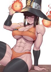 Rule 34 | 1girl, abs, absurdres, biceps, breasts, female focus, en&#039;en no shouboutai, fireball, hat, highres, large breasts, long hair, looking at viewer, maki oze, muscular, muscular female, purple eyes, smile, solo, speedl00ver, thick thighs, thighhighs, thighs, underboob, witch hat