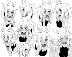 Rule 34 | &gt; &lt;, +++, 1girl, :d, :t, ;d, animal ear fluff, animal ears, bare shoulders, blush, closed eyes, closed mouth, collar, commentary request, cropped torso, crossed arms, etrian odyssey, fang, greyscale, half-closed eye, hand to own mouth, hand up, heart, heart-shaped pupils, highres, leotard, long hair, masurao 2 (sekaiju), monochrome, multiple views, naga u, one eye closed, open mouth, parted lips, playboy bunny, ponytail, pout, rabbit ears, rabbit girl, rabbit tail, sekaiju no meikyuu, sekaiju no meikyuu 5, simple background, smile, star (symbol), strapless, strapless leotard, symbol-shaped pupils, thick eyebrows, upper body, v, wavy mouth, white background, wrist cuffs