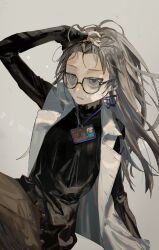 Rule 34 | 1girl, annoyed, aoaso, arm support, arm up, black-framed eyewear, black shirt, cowboy shot, forehead, glasses, grey background, grey eyes, grey hair, hand in own hair, hand on own head, highres, id card, jacket, lanyard, lapels, long hair, long sleeves, looking to the side, notched lapels, open clothes, open jacket, original, parted lips, sanpaku, semi-circular eyewear, shirt, simple background, sitting, sleeveless, sleeveless jacket, sleeves past wrists, solo, tsurime, unbuttoned, white jacket